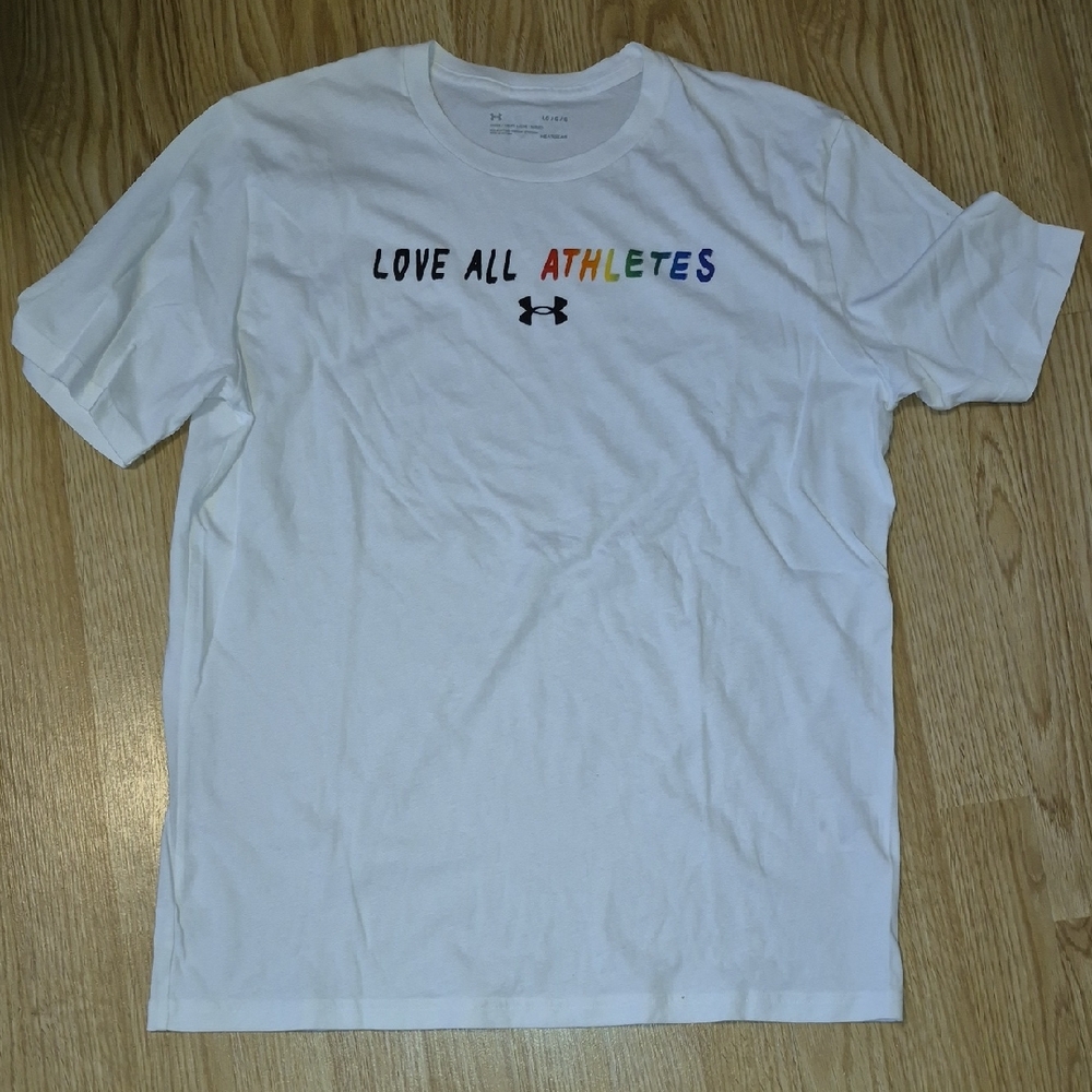 NWOT Under Armour White Tee with Rainbow "Love All Athletes" Text